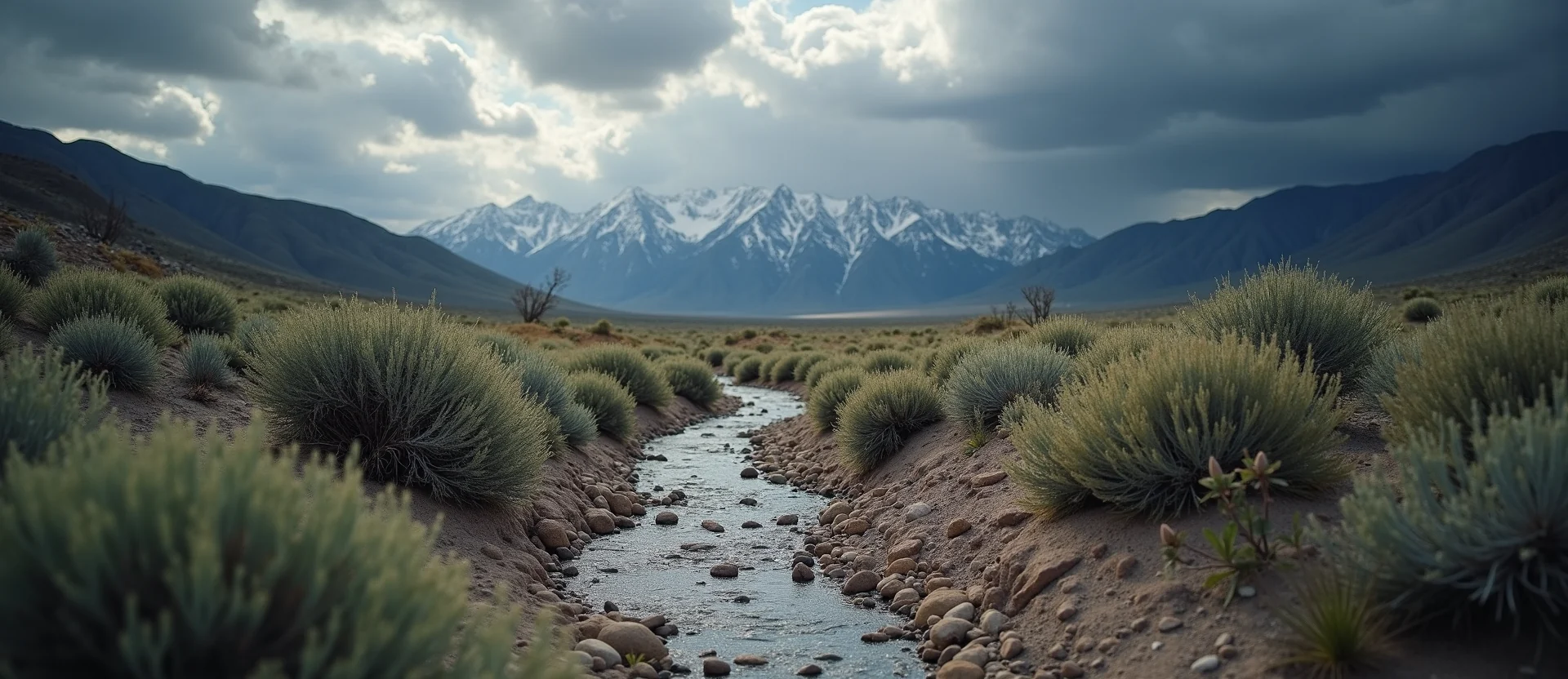 Symbolizing Stability/Peak: A local Sagebrush (Artemisia tridentata) distant Sierra horizon. - AI Generated