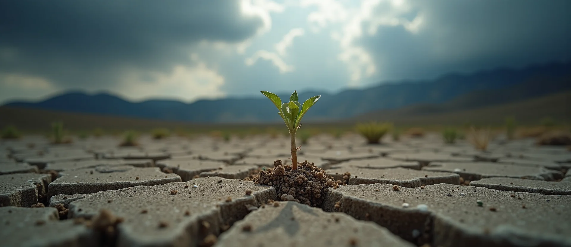 Symbolizing Seed/New Beginning: A local Desert Peach shoot emerging from cracked soil. - AI Generated