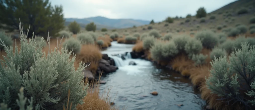 Symbolizing Flow/Cleansing: A local Rabbitbrush hidden small waterfall. - AI Generated