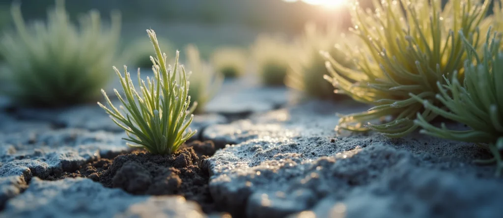 Symbolizing Seed/New Beginning: A local Sagebrush (Artemisia tridentata) shoot emerging from cracked soil. - AI Generated