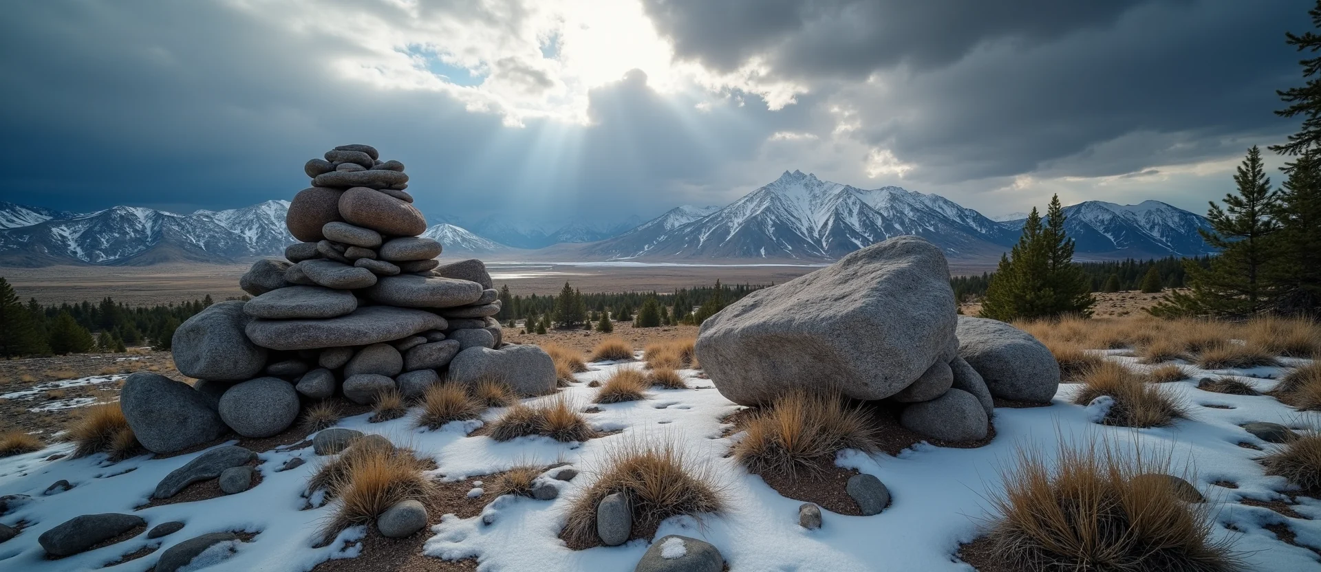 Symbolizing Stability/Peak: A local Sierra Juniper ancient rock cairn. - AI Generated