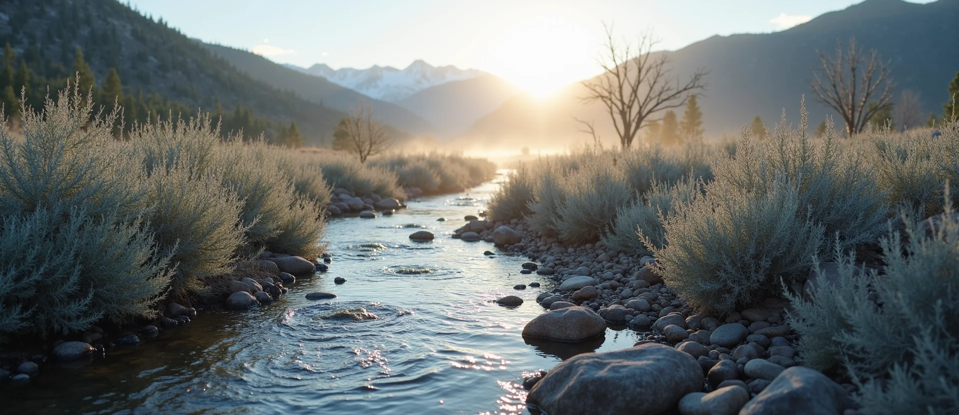 Symbolizing Flow/Cleansing: A local Bitterbrush clear cold snowmelt stream. - AI Generated