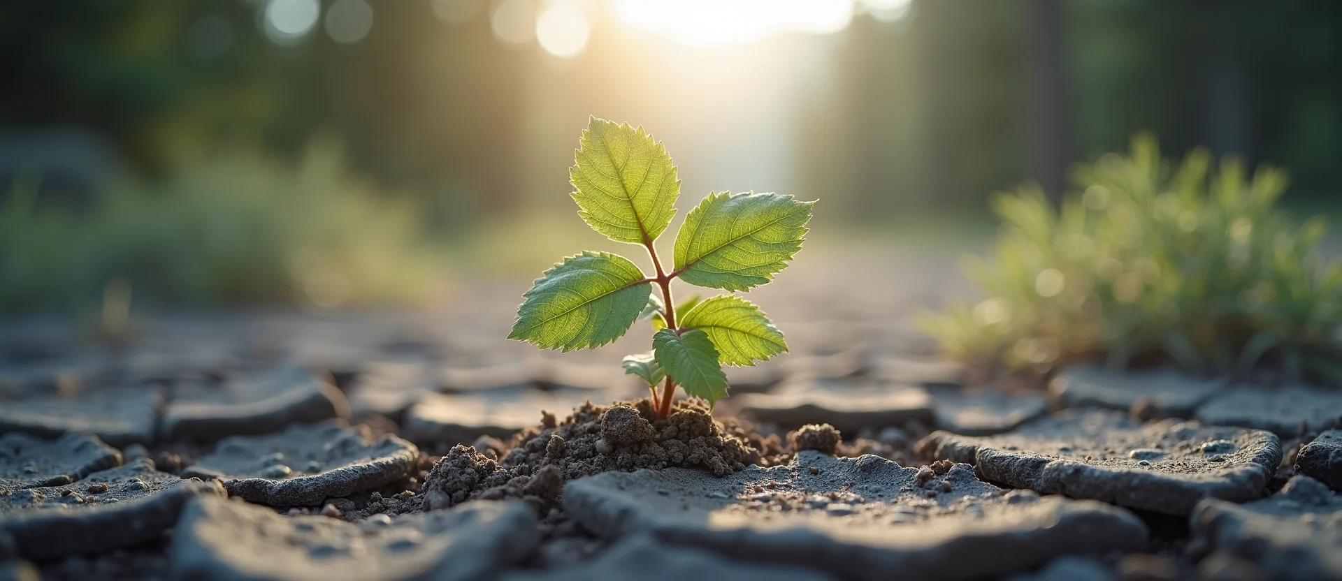 Symbolizing Seed/New Beginning: A local Sagebrush (Artemisia tridentata) shoot emerging from cracked soil. - AI Generated