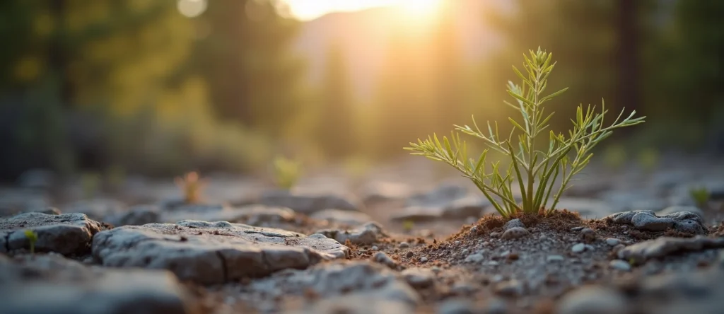 Symbolizing Seed/New Beginning: A local Desert Peach shoot emerging from cracked soil. - AI Generated
