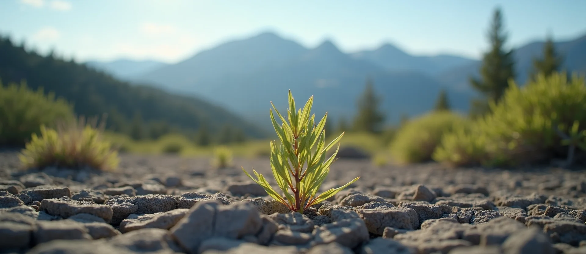 Symbolizing Seed/New Beginning: A local Manzanita shoot emerging from cracked soil. - AI Generated