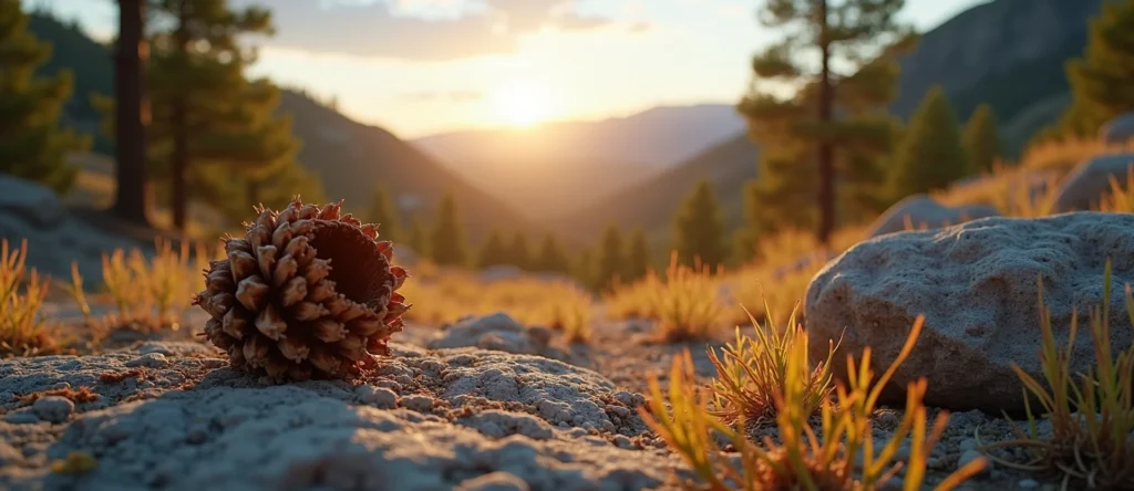 Symbolizing Seed/New Beginning: A local Indian Paintbrush opening pine cone. - AI Generated