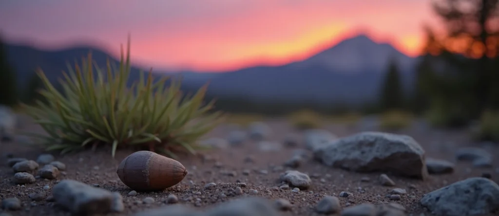 Symbolizing Seed/New Beginning: A local Quaking Aspen single pine seed on dry earth. - AI Generated