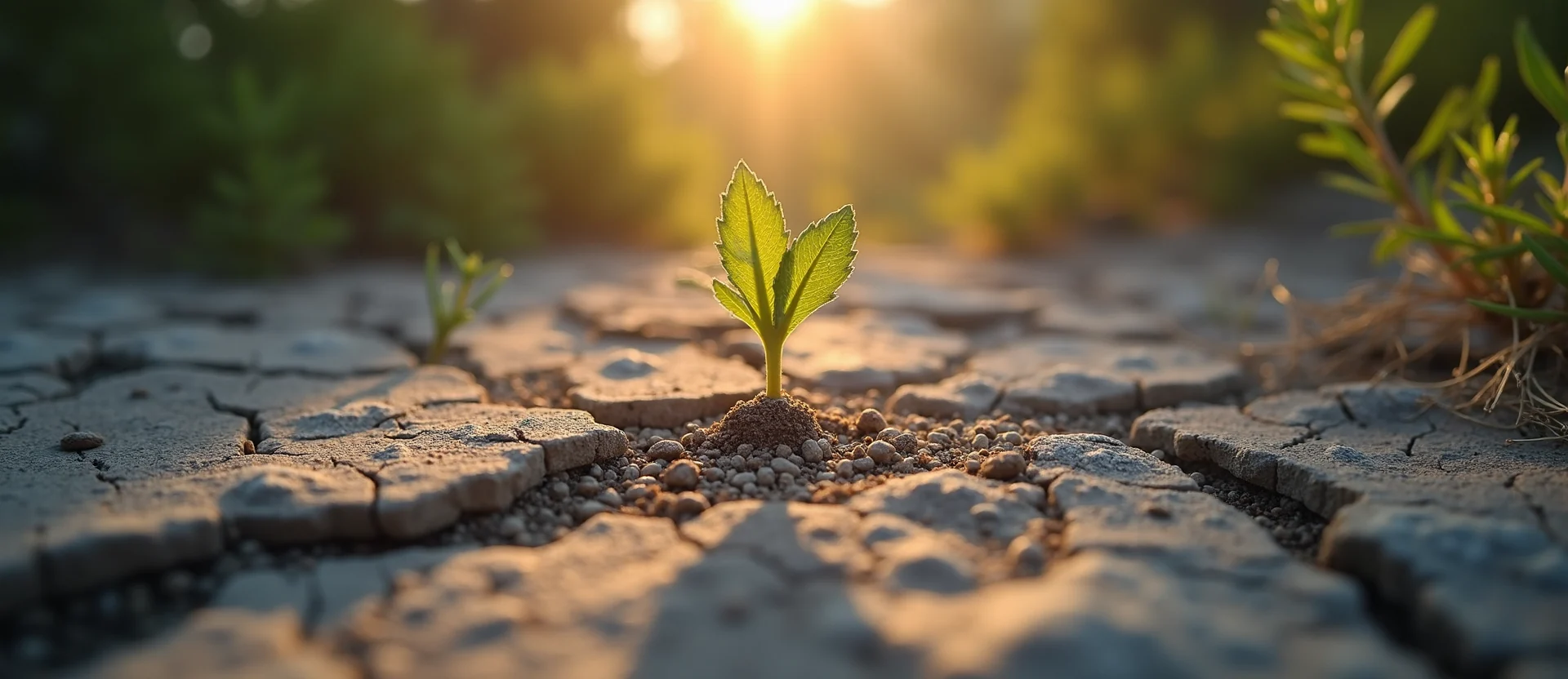 Symbolizing Seed/New Beginning: A local Desert Peach shoot emerging from cracked soil. - AI Generated