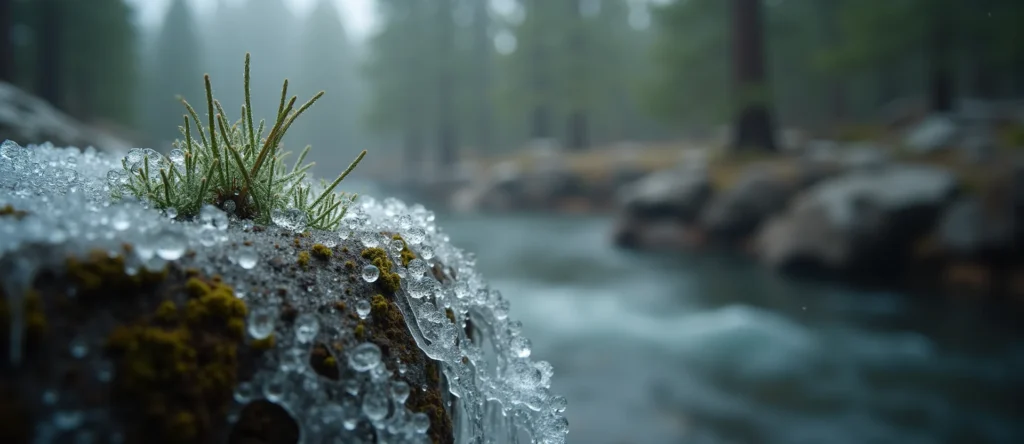 Symbolizing Flow/Cleansing: A local Ponderosa Pine raindrops on desert leaves. - AI Generated