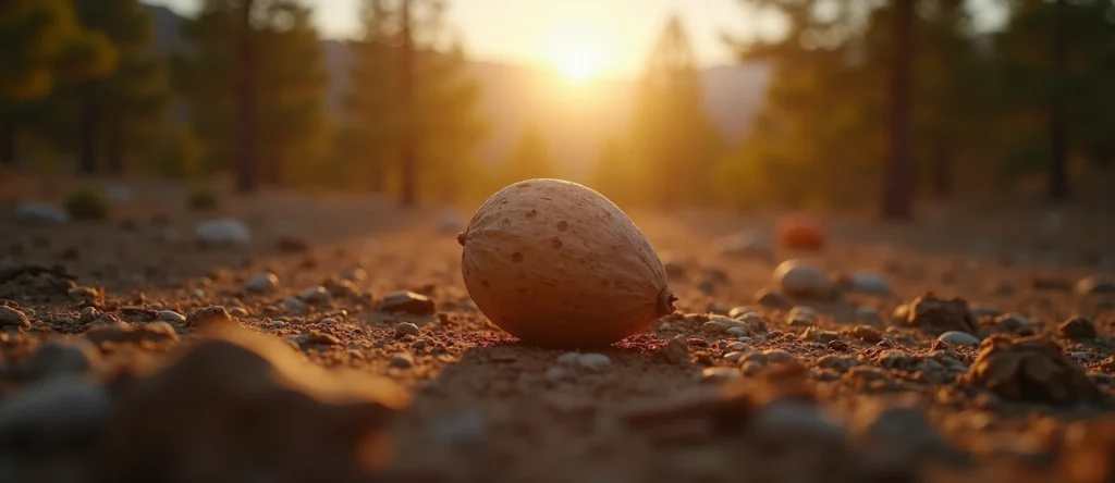 Symbolizing Seed/New Beginning: A local Quaking Aspen single pine seed on dry earth. - AI Generated