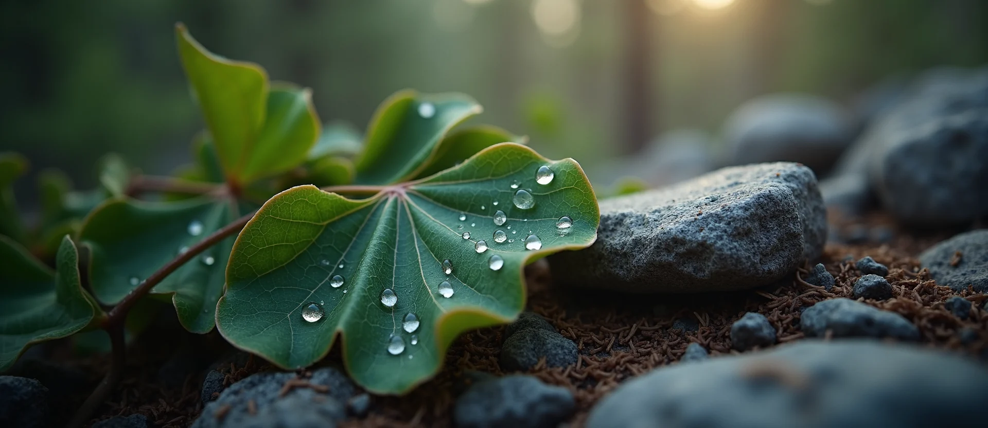 Symbolizing Flow/Cleansing: A local Ponderosa Pine raindrops on desert leaves. - AI Generated