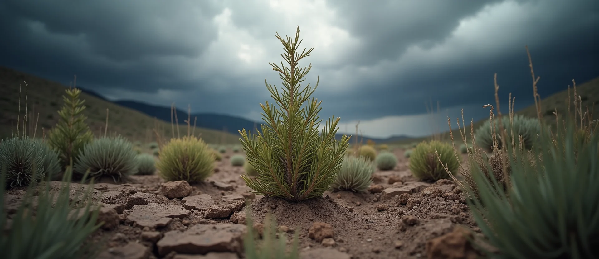 Symbolizing Seed/New Beginning: A local Rabbitbrush shoot emerging from cracked soil. - AI Generated