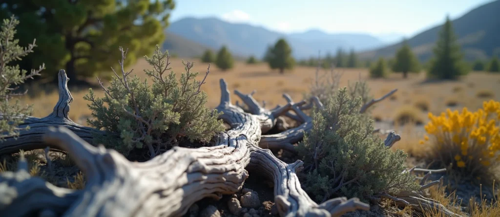 Symbolizing Growth/Resilience: A local Indian Paintbrush gnarled juniper roots. - AI Generated