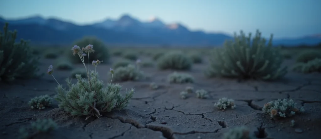 Symbolizing Seed/New Beginning: A local Rabbitbrush shoot emerging from cracked soil. - AI Generated