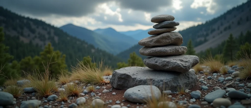 Symbolizing Stability/Peak: A local Ponderosa Pine ancient rock cairn. - AI Generated