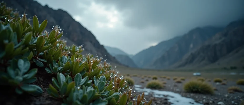 Symbolizing Flow/Cleansing: A local Desert Peach raindrops on desert leaves. - AI Generated