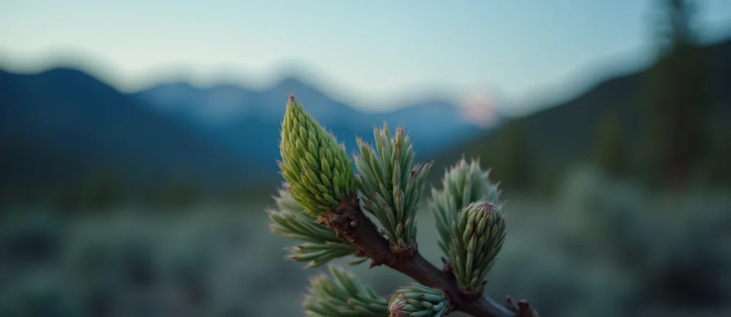 Symbolizing Seed/New Beginning: A local Indian Paintbrush new green bud on a branch. - AI Generated
