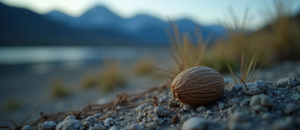 Symbolizing Seed/New Beginning: A local Indian Paintbrush single pine seed on dry earth. - AI Generated