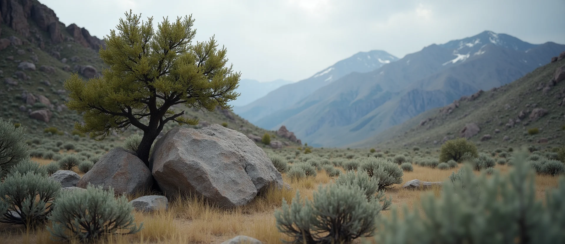 Symbolizing Growth/Resilience: A local Bitterbrush tree growing out of a rock cleft. - AI Generated