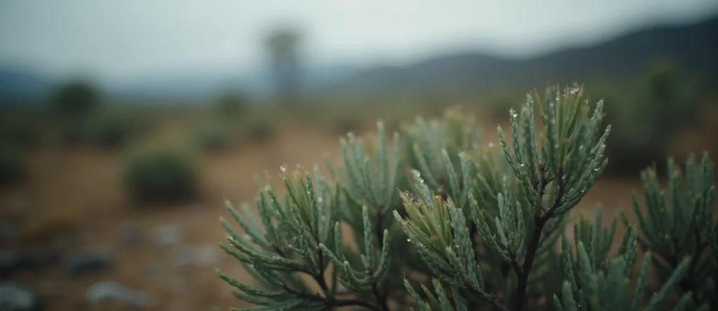 Symbolizing Flow/Cleansing: A local Bitterbrush raindrops on desert leaves. - AI Generated