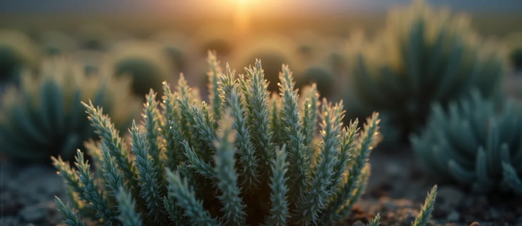 Symbolizing Flow/Cleansing: A local Sagebrush (Artemisia tridentata) raindrops on desert leaves. - AI Generated