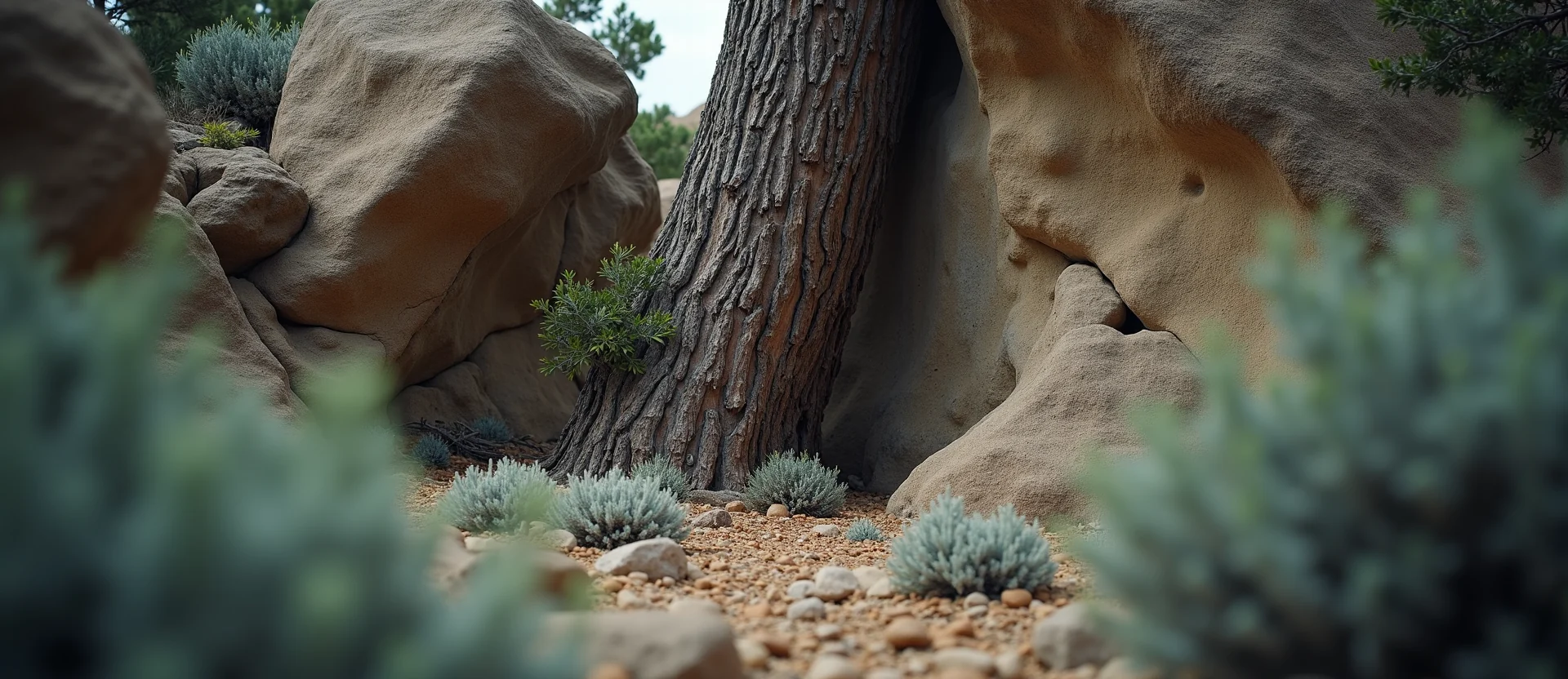 Symbolizing Growth/Resilience: A local Manzanita tree growing out of a rock cleft. - AI Generated