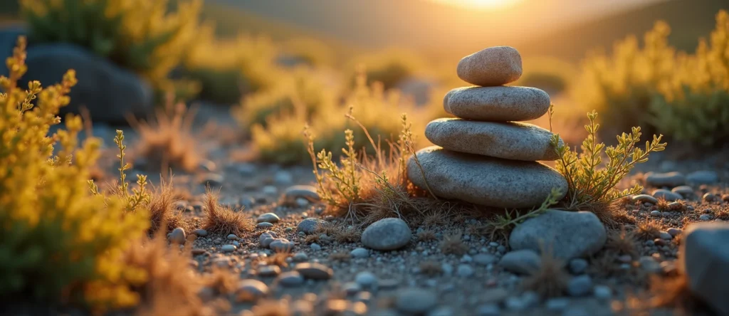 Symbolizing Stability/Peak: A local Manzanita ancient rock cairn. - AI Generated