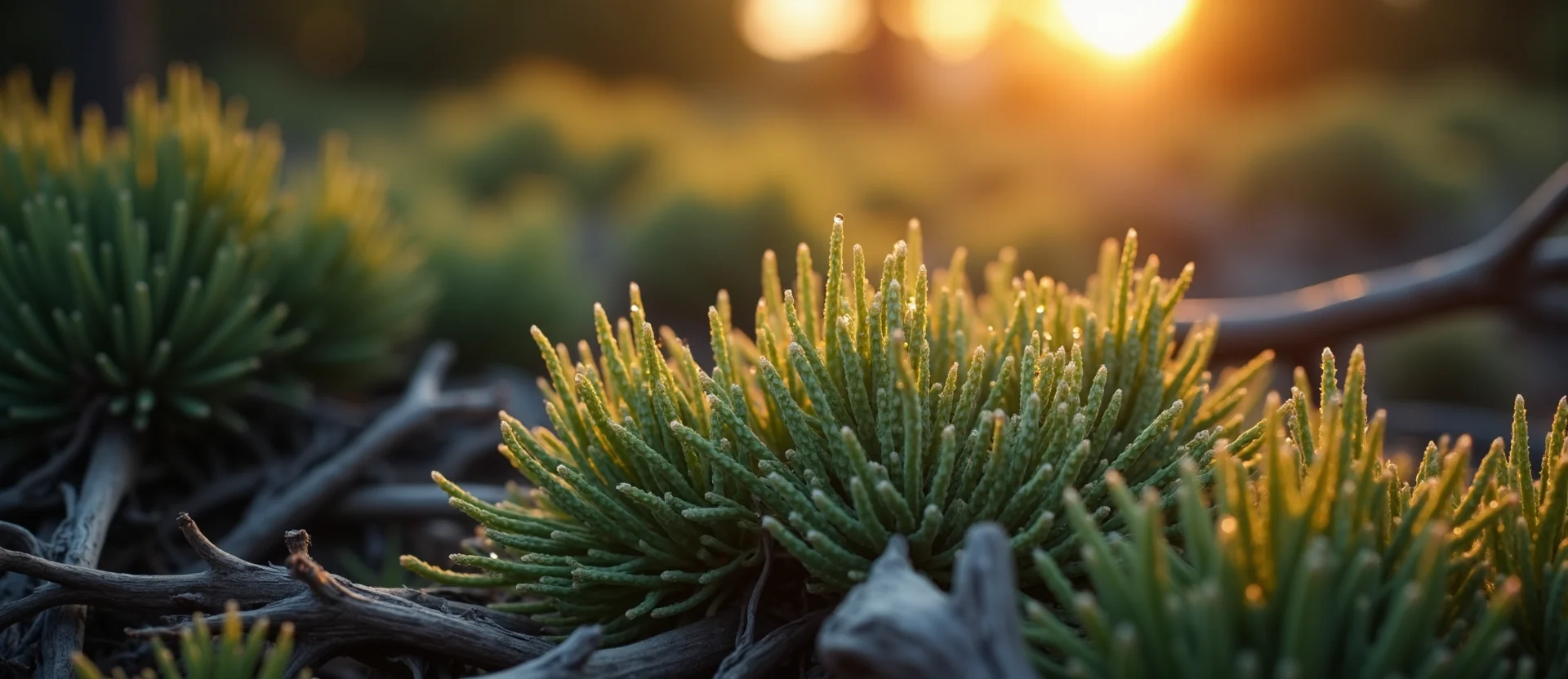 Symbolizing Flow/Cleansing: A local Sagebrush (Artemisia tridentata) raindrops on desert leaves. - AI Generated