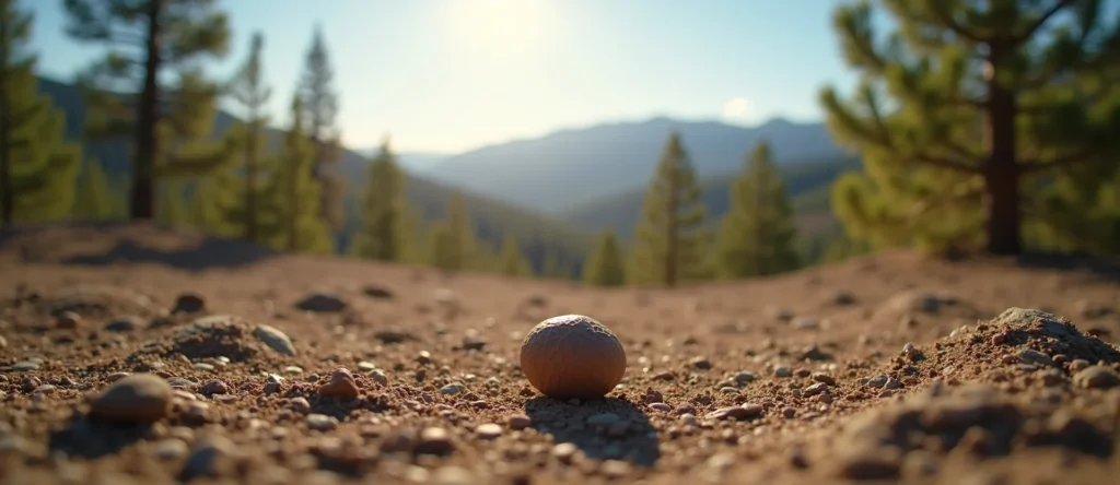 Symbolizing Seed/New Beginning: A local Ponderosa Pine single pine seed on dry earth. - AI Generated