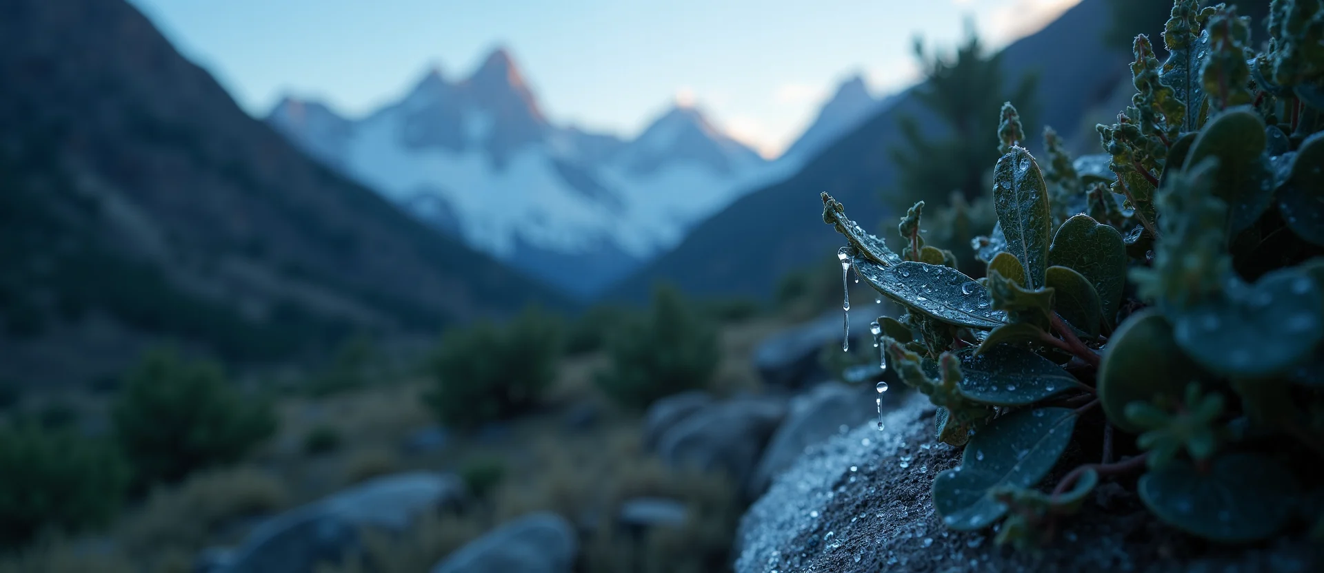 Symbolizing Flow/Cleansing: A local Mountain Mahogany raindrops on desert leaves. - AI Generated