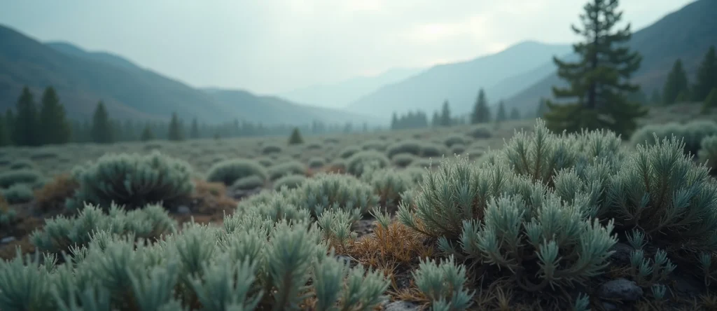Symbolizing Flow/Cleansing: A local Sagebrush (Artemisia tridentata) raindrops on desert leaves. - AI Generated