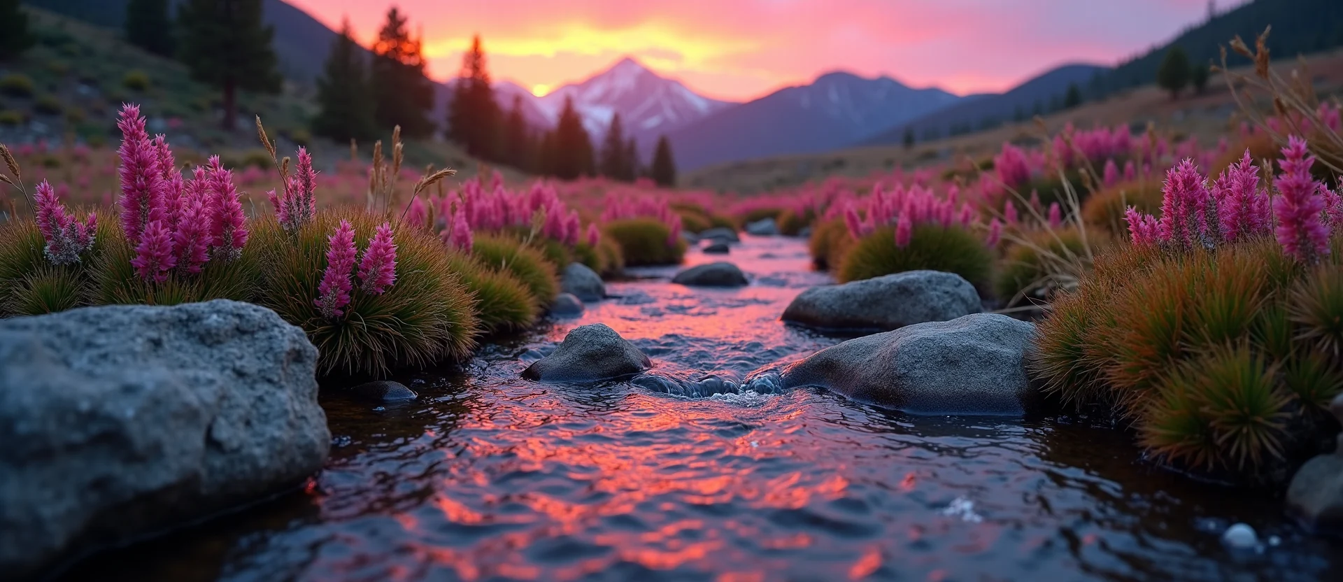 Symbolizing Flow/Cleansing: A local Indian Paintbrush babbling mountain creek. - AI Generated