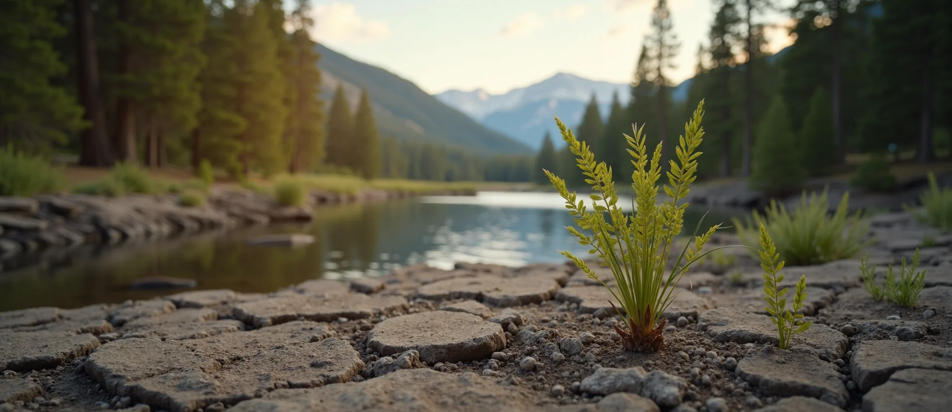 Symbolizing Seed/New Beginning: A local Ponderosa Pine shoot emerging from cracked soil. - AI Generated