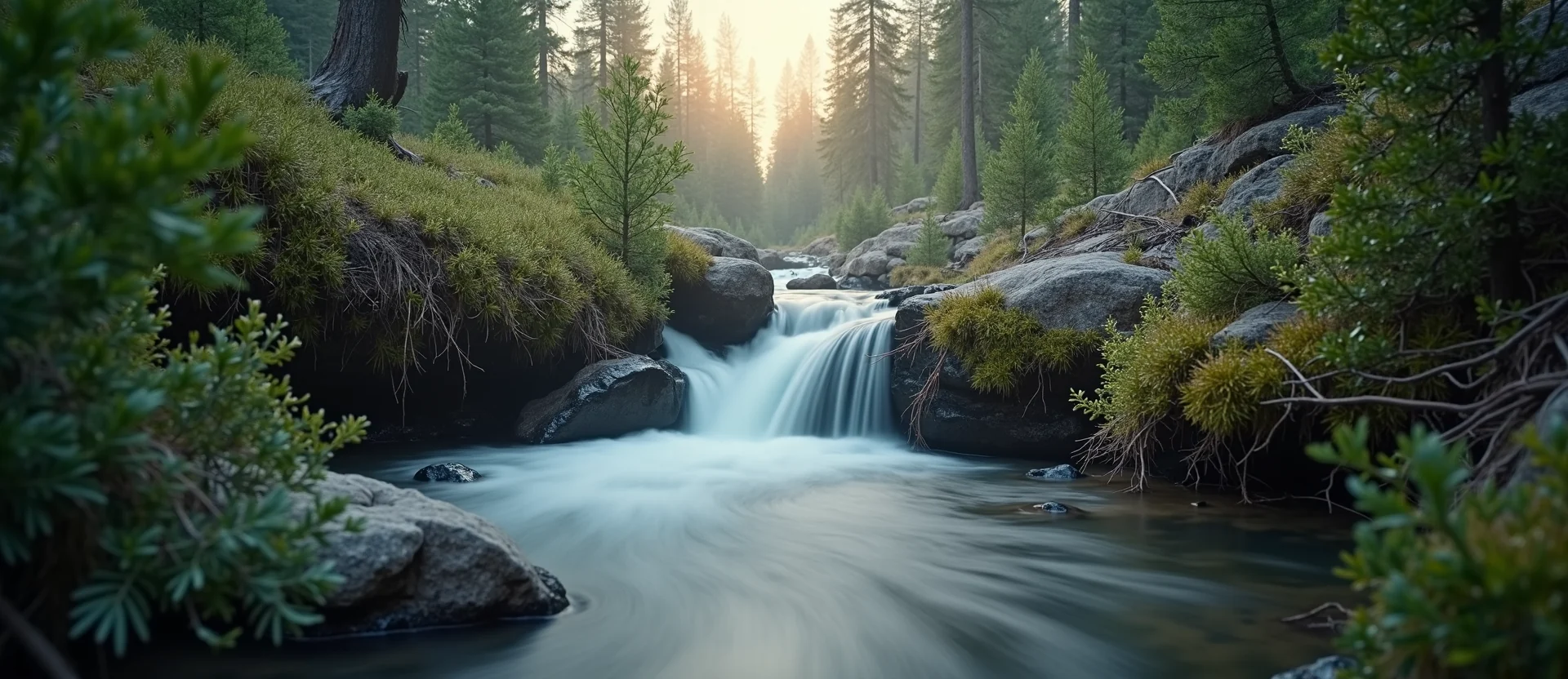 Symbolizing Flow/Cleansing: A local Bitterbrush hidden small waterfall. - AI Generated