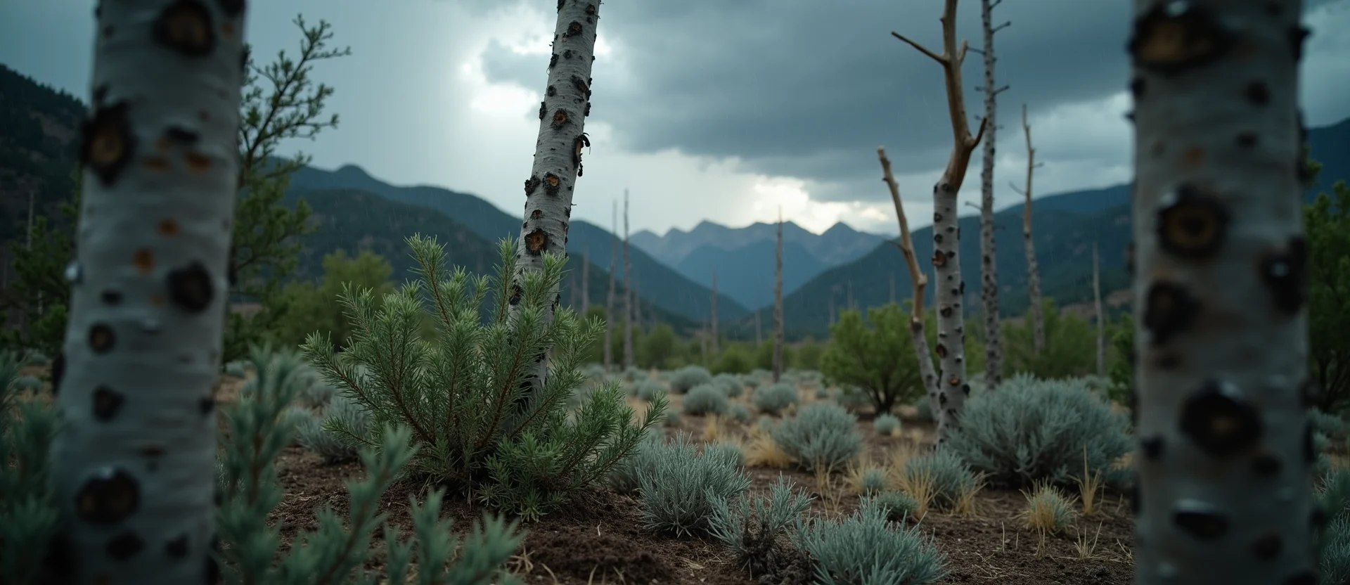 Symbolizing Flow/Cleansing: A local Quaking Aspen raindrops on desert leaves. - AI Generated