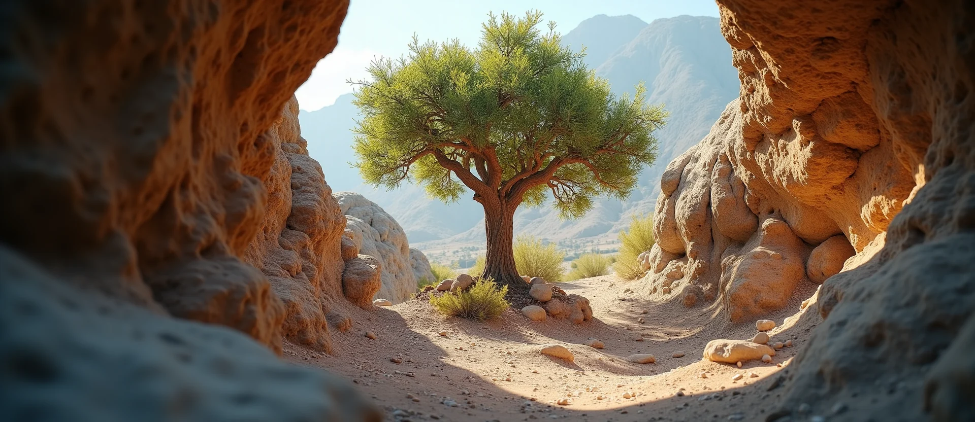 Symbolizing Growth/Resilience: A local Desert Peach tree growing out of a rock cleft. - AI Generated
