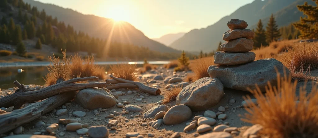 Symbolizing Stability/Peak: A local Quaking Aspen ancient rock cairn. - AI Generated