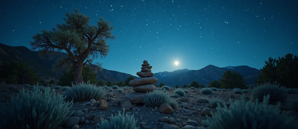 Symbolizing Stability/Peak: A local Manzanita ancient rock cairn. - AI Generated