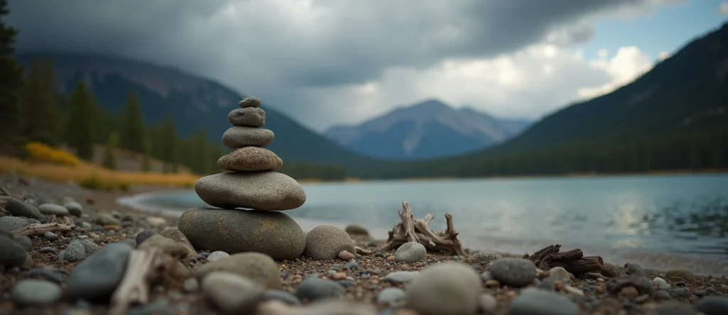 Symbolizing Stability/Peak: A local Quaking Aspen ancient rock cairn. - AI Generated