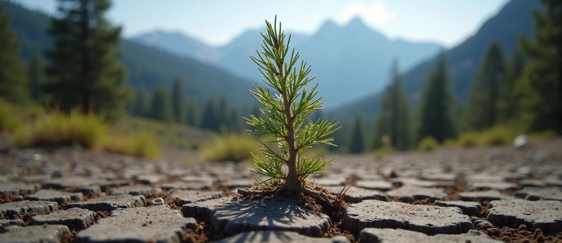 Symbolizing Seed/New Beginning: A local Ponderosa Pine shoot emerging from cracked soil. - AI Generated