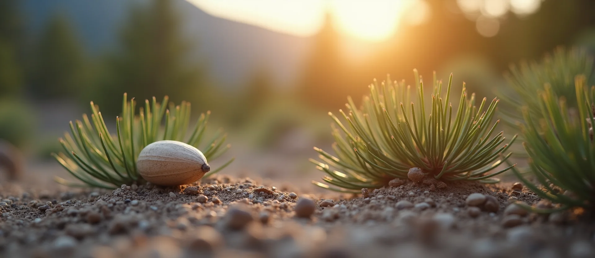 Symbolizing Seed/New Beginning: A local Quaking Aspen single pine seed on dry earth. - AI Generated