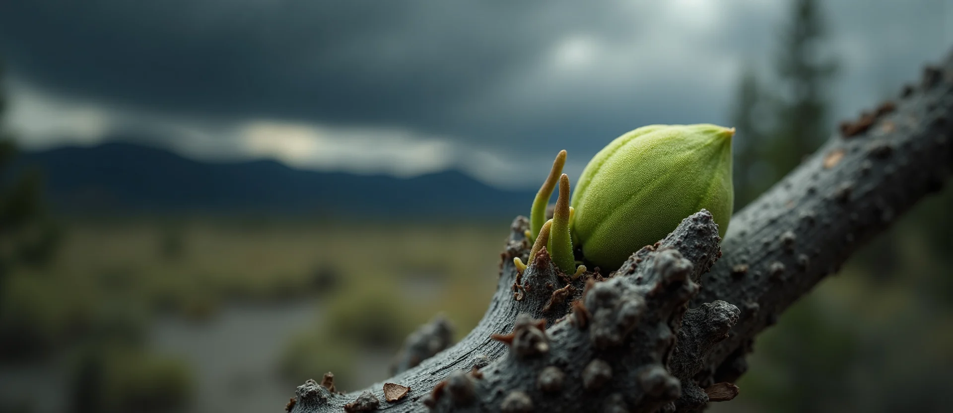 Symbolizing Seed/New Beginning: A local Ponderosa Pine new green bud on a branch. - AI Generated