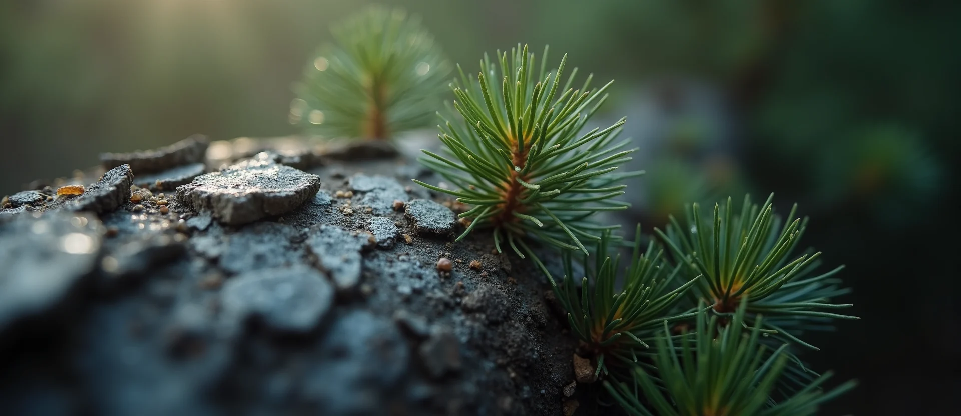 Symbolizing Flow/Cleansing: A local Ponderosa Pine raindrops on desert leaves. - AI Generated