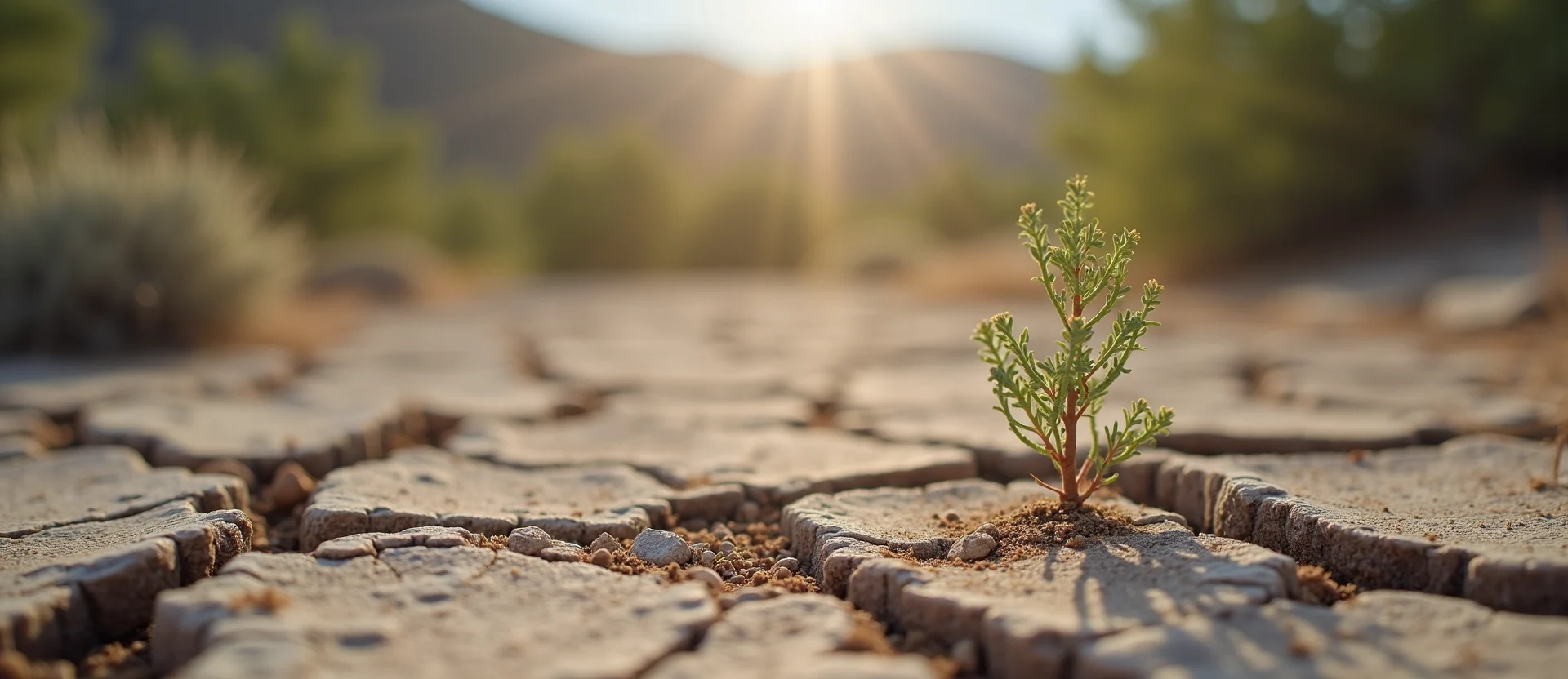 Symbolizing Seed/New Beginning: A local Sierra Juniper shoot emerging from cracked soil. - AI Generated