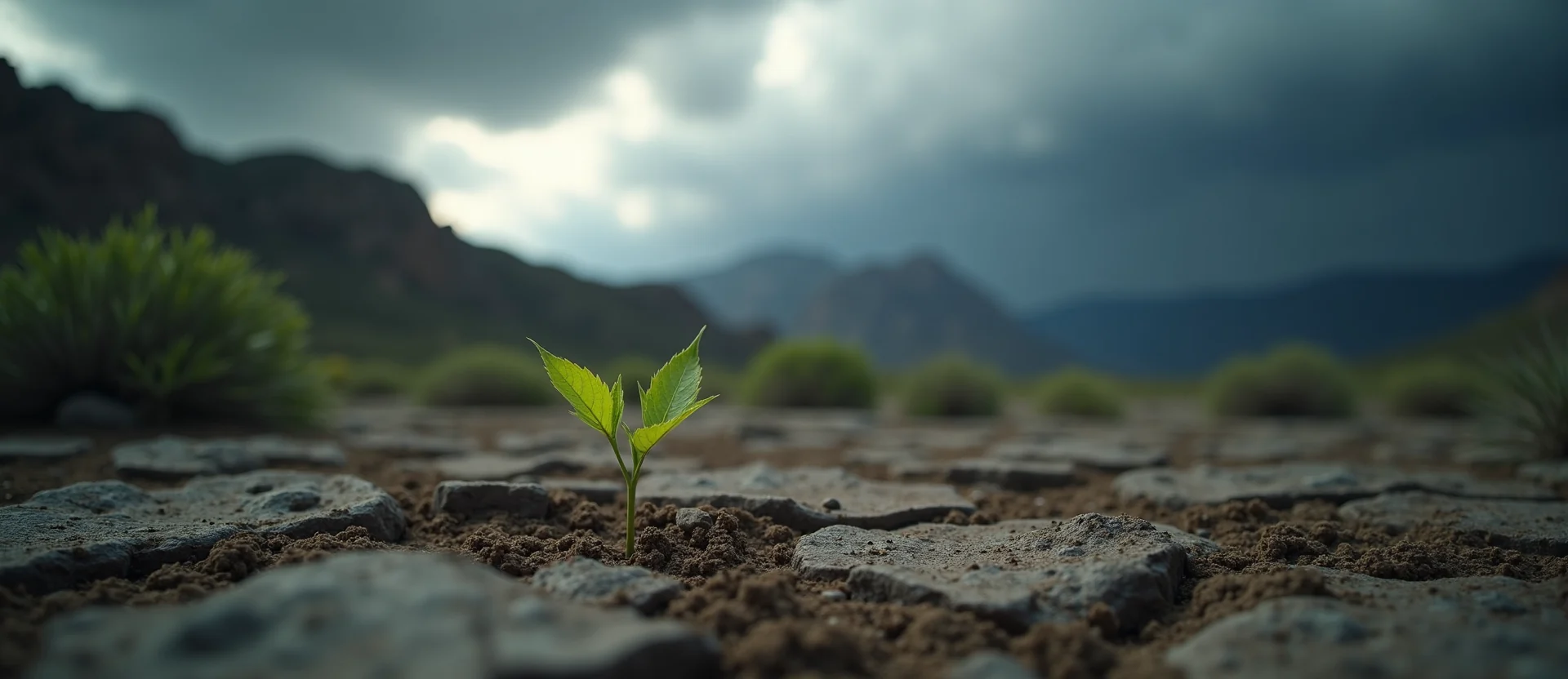 Symbolizing Seed/New Beginning: A local Mountain Mahogany shoot emerging from cracked soil. - AI Generated