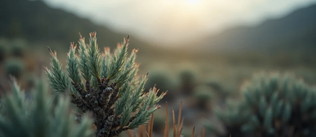 Symbolizing Flow/Cleansing: A local Rabbitbrush raindrops on desert leaves. - AI Generated