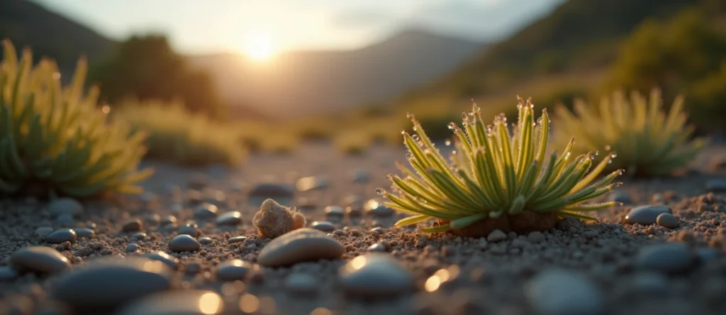 Symbolizing Flow/Cleansing: A local Indian Paintbrush raindrops on desert leaves. - AI Generated
