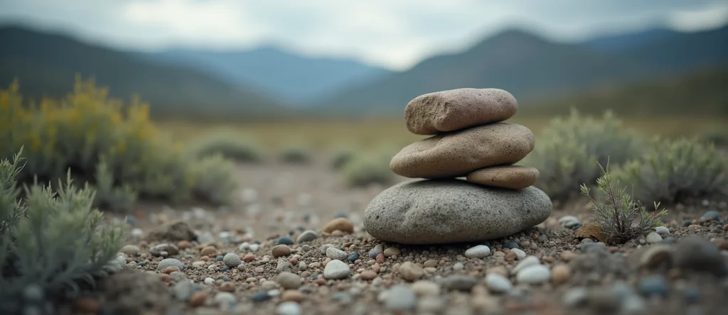 Symbolizing Stability/Peak: A local Quaking Aspen ancient rock cairn. - AI Generated