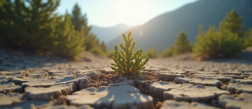 Symbolizing Seed/New Beginning: A local Sierra Juniper shoot emerging from cracked soil. - AI Generated