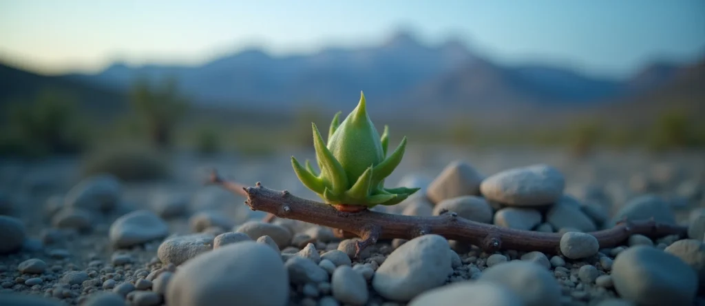 Symbolizing Seed/New Beginning: A local Desert Peach new green bud on a branch. - AI Generated